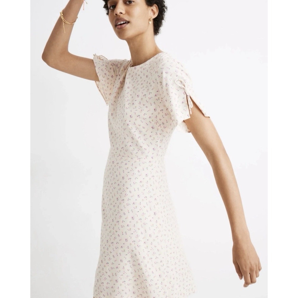 Madewell Silk Tie-Sleeve Mini Dress Ditsy Floral Cream Pink A0240 Size 4